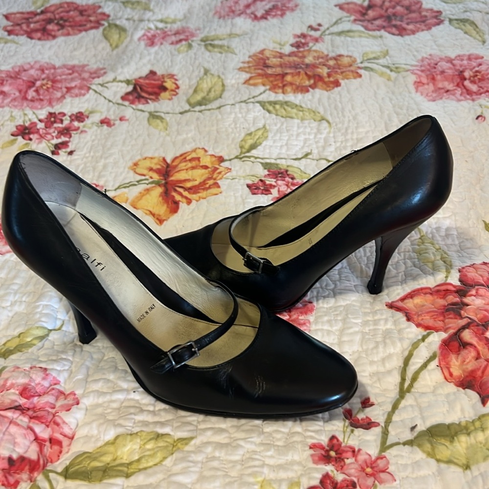 Amalfi Black Italian Leather Mary Jane Shoes Heels